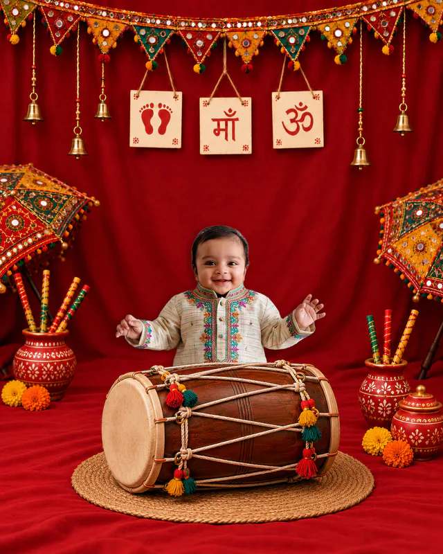 Baby behind a dholak on a red Navratri backdrop with mirrorwork bunting, embroidered umbrellas, bells and dandiya pots