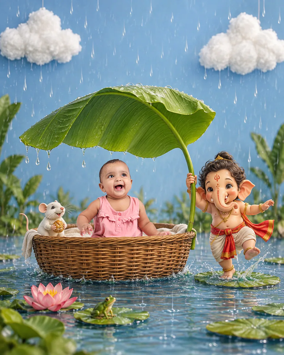 Baby laughing in a basket sheltered by a banana leaf as little Ganesha dances beside a frog and lotus in the rain